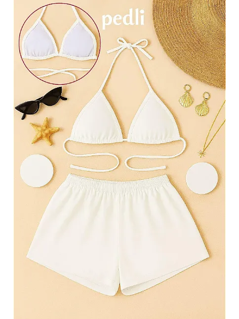 Kadın Beyaz Şortlu Belden Ve Boyundan Bağlamalı Bikini Takımı – Modern, Konforlu Ve Günlük Kombinlere Uygun