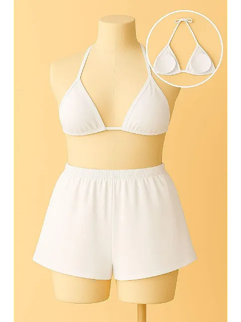 Kadın Beyaz Şortlu Belden Ve Boyundan Bağlamalı Bikini Takımı – Modern, Konforlu Ve Günlük Kombinlere Uygun