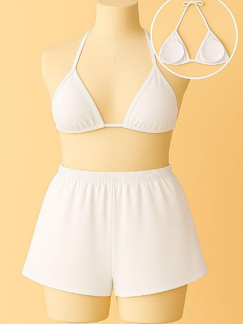 Kadın Beyaz Şortlu Belden Ve Boyundan Bağlamalı Bikini Takımı – Modern, Konforlu Ve Günlük Kombinlere Uygun