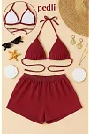 Kadın Bordo Şortlu Belden Ve Boyundan Bağlamalı Bikini Takımı – Modern, Konforlu Ve Günlük Kombinlere Uygun