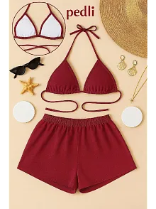 Kadın Bordo Şortlu Belden Ve Boyundan Bağlamalı Bikini Takımı – Modern, Konforlu Ve Günlük Kombinlere Uygun
