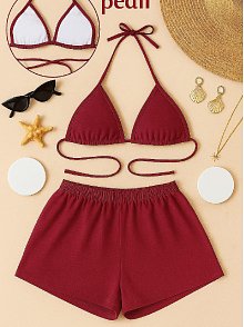 Kadın Bordo Şortlu Belden Ve Boyundan Bağlamalı Bikini Takımı – Modern, Konforlu Ve Günlük Kombinlere Uygun
