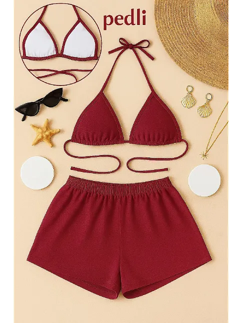 Kadın Bordo Şortlu Belden Ve Boyundan Bağlamalı Bikini Takımı – Modern, Konforlu Ve Günlük Kombinlere Uygun