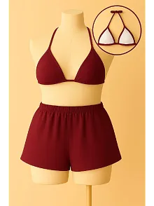 Kadın Bordo Şortlu Belden Ve Boyundan Bağlamalı Bikini Takımı – Modern, Konforlu Ve Günlük Kombinlere Uygun
