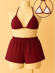 Kadın Bordo Şortlu Belden Ve Boyundan Bağlamalı Bikini Takımı – Modern, Konforlu Ve Günlük Kombinlere Uygun