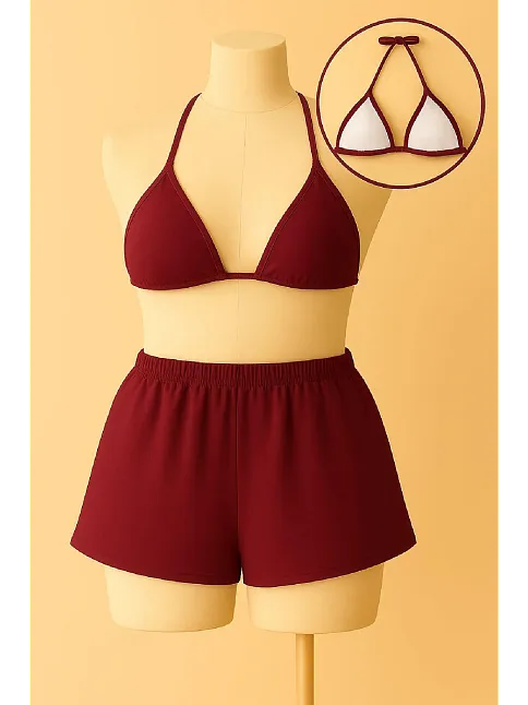 Kadın Bordo Şortlu Belden Ve Boyundan Bağlamalı Bikini Takımı – Modern, Konforlu Ve Günlük Kombinlere Uygun