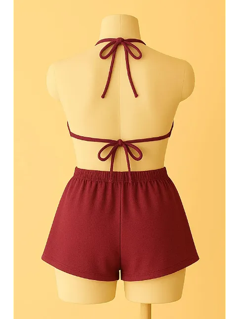 Kadın Bordo Şortlu Belden Ve Boyundan Bağlamalı Bikini Takımı – Modern, Konforlu Ve Günlük Kombinlere Uygun