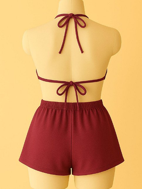 Kadın Bordo Şortlu Belden Ve Boyundan Bağlamalı Bikini Takımı – Modern, Konforlu Ve Günlük Kombinlere Uygun