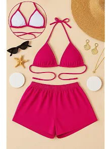Kadın Fuşya Şortlu Belden Ve Boyundan Bağlamalı Bikini Takımı – Modern, Konforlu Ve Günlük Kombinlere Uygun
