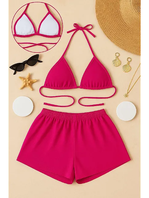 Kadın Fuşya Şortlu Belden Ve Boyundan Bağlamalı Bikini Takımı – Modern, Konforlu Ve Günlük Kombinlere Uygun