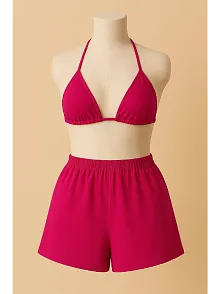 Kadın Fuşya Şortlu Belden Ve Boyundan Bağlamalı Bikini Takımı – Modern, Konforlu Ve Günlük Kombinlere Uygun