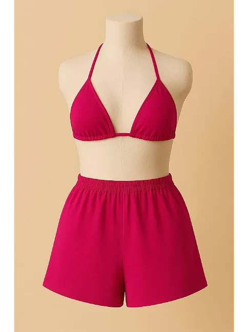 Kadın Fuşya Şortlu Belden Ve Boyundan Bağlamalı Bikini Takımı – Modern, Konforlu Ve Günlük Kombinlere Uygun