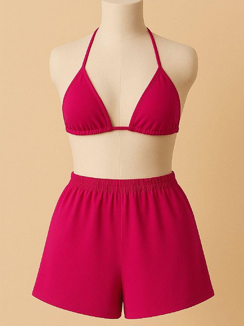 Kadın Fuşya Şortlu Belden Ve Boyundan Bağlamalı Bikini Takımı – Modern, Konforlu Ve Günlük Kombinlere Uygun