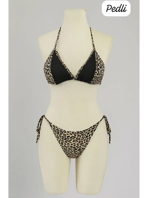 Kadın Siyah Ve Leopar Detaylı Yandan Bağlamalı Bikini Takımı – Modern, Konforlu Ve Günlük Kombinlere Uygun