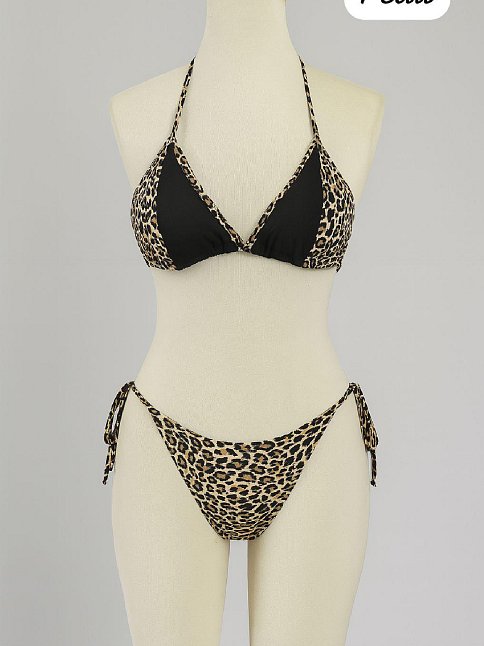 Kadın Siyah Ve Leopar Detaylı Yandan Bağlamalı Bikini Takımı – Modern, Konforlu Ve Günlük Kombinlere Uygun