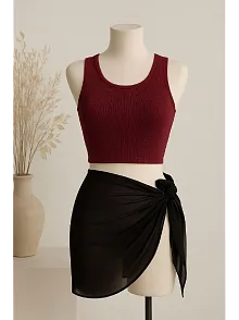Kadın Bordo Yuvarlak Yaka Crop Ve Siyah Pareo 2'li Set – Modern Ve Şık Tasarım