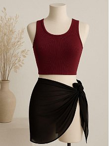 Kadın Bordo Yuvarlak Yaka Crop Ve Siyah Pareo 2'li Set – Modern Ve Şık Tasarım