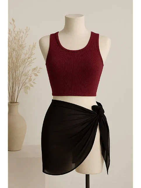 Kadın Bordo Yuvarlak Yaka Crop Ve Siyah Pareo 2'li Set – Modern Ve Şık Tasarım