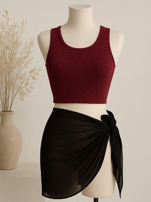 Kadın Bordo Yuvarlak Yaka Crop Ve Siyah Pareo 2'li Set – Modern Ve Şık Tasarım