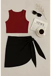 Kadın Bordo Yuvarlak Yaka Crop Ve Siyah Pareo 2'li Set – Modern Ve Şık Tasarım