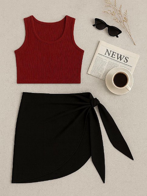 Kadın Bordo Yuvarlak Yaka Crop Ve Siyah Pareo 2'li Set – Modern Ve Şık Tasarım