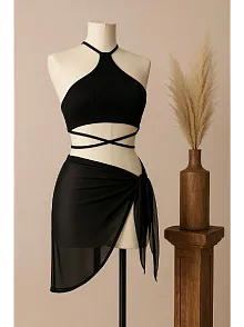 Kadın Siyah Çapraz Bağlamalı Crop Ve Pareo 2'li Set – Modern Ve Şık Tasarım