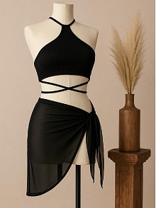 Kadın Siyah Çapraz Bağlamalı Crop Ve Pareo 2'li Set – Modern Ve Şık Tasarım
