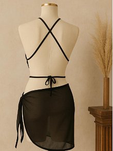 Kadın Siyah Çapraz Bağlamalı Crop Ve Pareo 2'li Set – Modern Ve Şık Tasarım