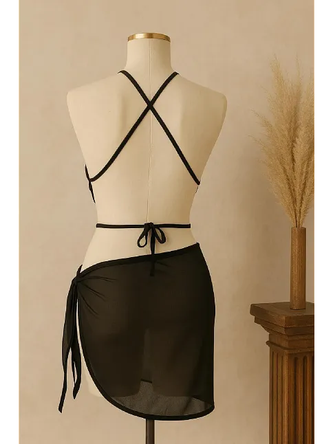 Kadın Siyah Çapraz Bağlamalı Crop Ve Pareo 2'li Set – Modern Ve Şık Tasarım