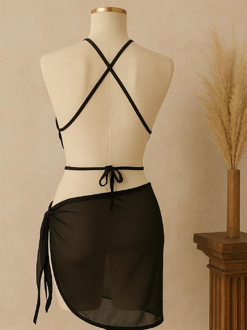 Kadın Siyah Çapraz Bağlamalı Crop Ve Pareo 2'li Set – Modern Ve Şık Tasarım