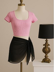 Kadın Pembe Yarım Kol Crop Ve Siyah Pareo 2'li Set – Modern Ve Şık Tasarım
