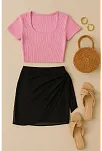 Kadın Pembe Yarım Kol Crop Ve Siyah Pareo 2'li Set – Modern Ve Şık Tasarım