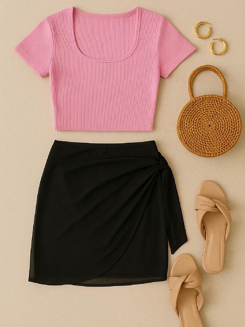 Kadın Pembe Yarım Kol Crop Ve Siyah Pareo 2'li Set – Modern Ve Şık Tasarım