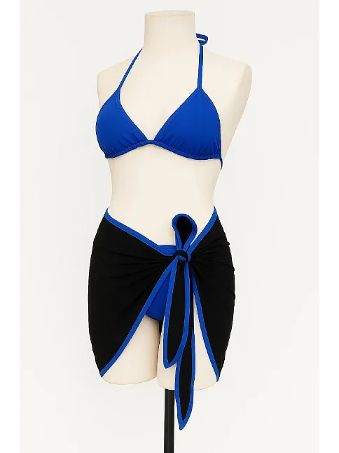 Kadın Mavi Pareolu Yandan Ve Boyundan Bağlamalı 3'lü Bikini Takımı – Modern, Konforlu Ve Günlük Kombinlere Uygun