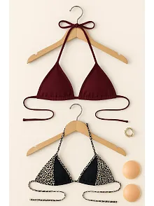 Kadın Leopar Desenli Ve Bordo Minimal Kesim Üçgen Bikini Üstü – Modern Ve Şık Tasarım
