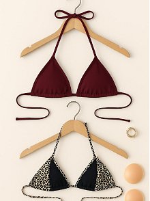 Kadın Leopar Desenli Ve Bordo Minimal Kesim Üçgen Bikini Üstü – Modern Ve Şık Tasarım