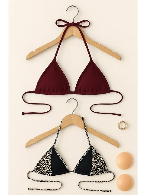 Kadın Leopar Desenli Ve Bordo Minimal Kesim Üçgen Bikini Üstü – Modern Ve Şık Tasarım