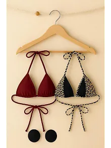 Kadın Leopar Desenli Ve Bordo Minimal Kesim Üçgen Bikini Üstü – Modern Ve Şık Tasarım