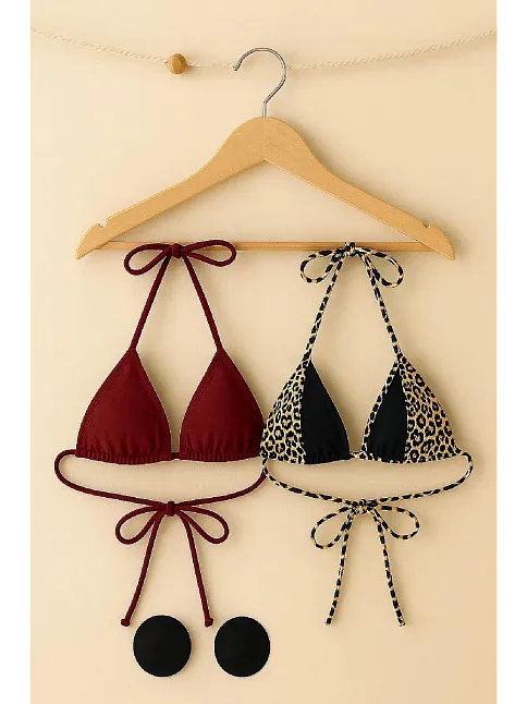 Kadın Leopar Desenli Ve Bordo Minimal Kesim Üçgen Bikini Üstü – Modern Ve Şık Tasarım