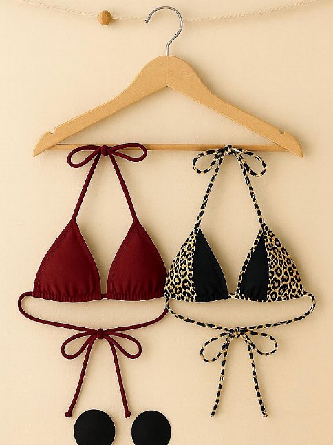 Kadın Leopar Desenli Ve Bordo Minimal Kesim Üçgen Bikini Üstü – Modern Ve Şık Tasarım