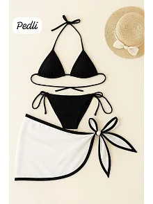 Kadın Siyah Beyaz Pareolu Yandan Ve Boyundan Bağlamalı 3'lü Bikini Takımı – Modern, Konforlu Ve Günlük Kombinlere Uygun