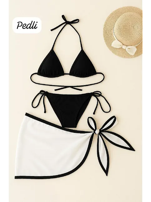 Kadın Siyah Beyaz Pareolu Yandan Ve Boyundan Bağlamalı 3'lü Bikini Takımı – Modern, Konforlu Ve Günlük Kombinlere Uygun