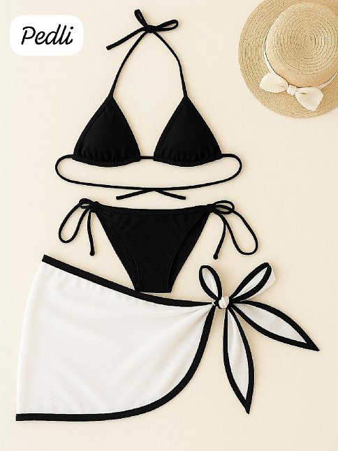 Kadın Siyah Beyaz Pareolu Yandan Ve Boyundan Bağlamalı 3'lü Bikini Takımı – Modern, Konforlu Ve Günlük Kombinlere Uygun