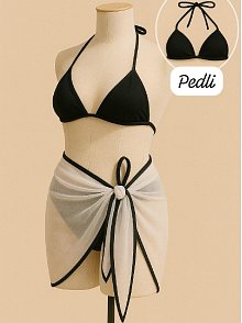 Kadın Siyah Beyaz Pareolu Yandan Ve Boyundan Bağlamalı 3'lü Bikini Takımı – Modern, Konforlu Ve Günlük Kombinlere Uygun