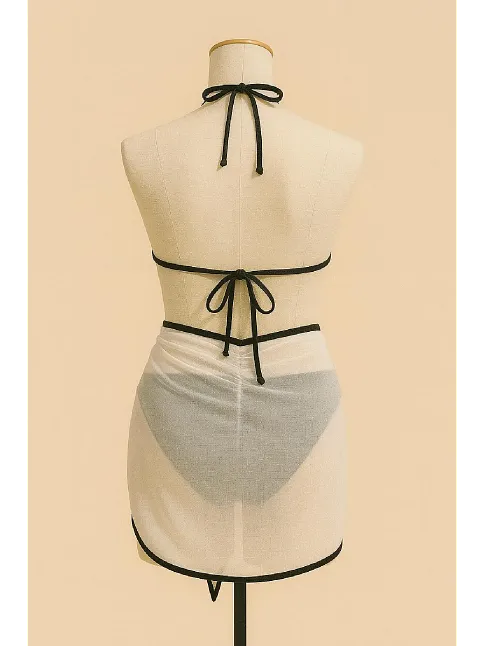 Kadın Siyah Beyaz Pareolu Yandan Ve Boyundan Bağlamalı 3'lü Bikini Takımı – Modern, Konforlu Ve Günlük Kombinlere Uygun
