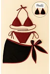 Kadın Bordo Siyah Pareolu Yandan Ve Boyundan Bağlamalı 3'lü Bikini Takımı – Modern, Konforlu Ve Günlük Kombinlere Uygun