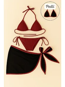 Kadın Bordo Siyah Pareolu Yandan Ve Boyundan Bağlamalı 3'lü Bikini Takımı – Modern, Konforlu Ve Günlük Kombinlere Uygun