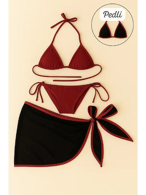 Kadın Bordo Siyah Pareolu Yandan Ve Boyundan Bağlamalı 3'lü Bikini Takımı – Modern, Konforlu Ve Günlük Kombinlere Uygun