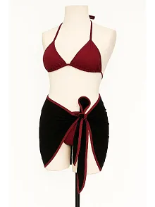 Kadın Bordo Siyah Pareolu Yandan Ve Boyundan Bağlamalı 3'lü Bikini Takımı – Modern, Konforlu Ve Günlük Kombinlere Uygun