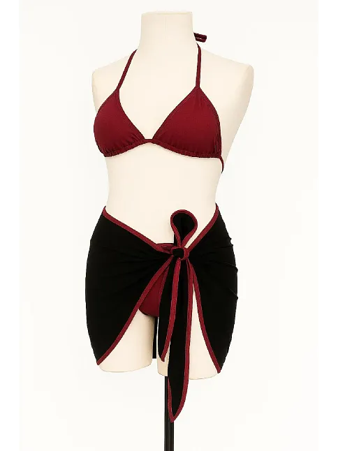 Kadın Bordo Siyah Pareolu Yandan Ve Boyundan Bağlamalı 3'lü Bikini Takımı – Modern, Konforlu Ve Günlük Kombinlere Uygun